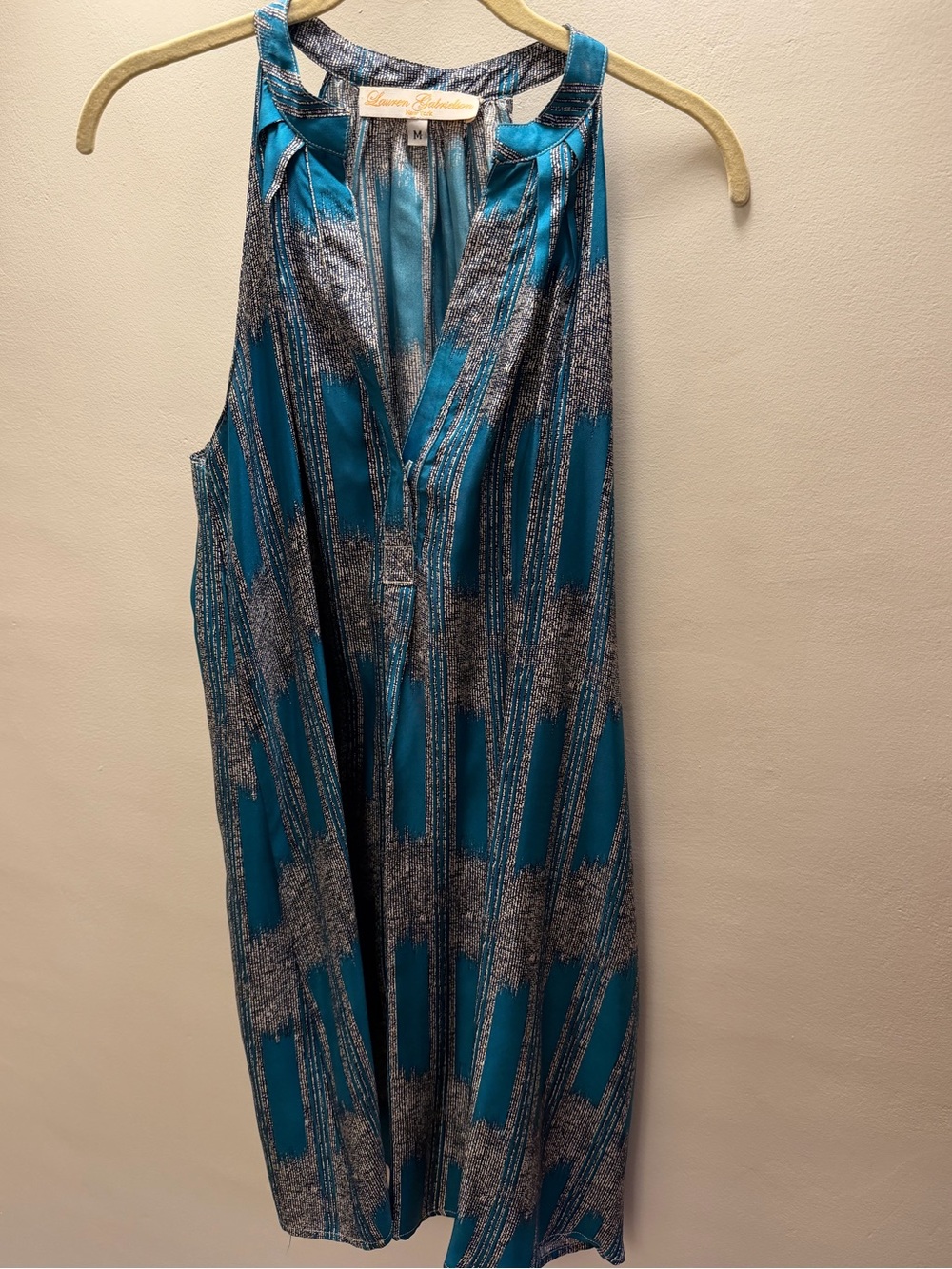 Lauren Gabrieson New York 100% Silk Blue Abstract Sleeveless Shift Dress Size M